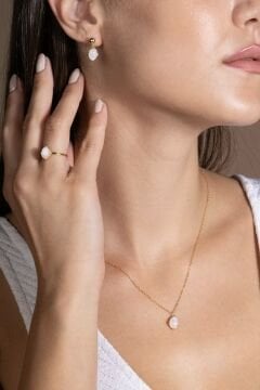 Doğal Ay Taşı Taşlı Minimal Gümüş Kadın Takı Seti Altın Rengi - 13