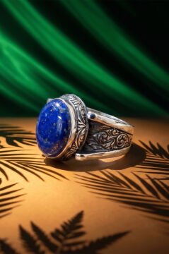 Kalem İşleme Detaylı Özel Tasarım Lapis Lazuli Taşlı Gümüş Erkek Yüzük