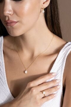 Doğal Ay Taşı Taşlı Minimal Gümüş Kadın Takı Seti Altın Rengi - 17