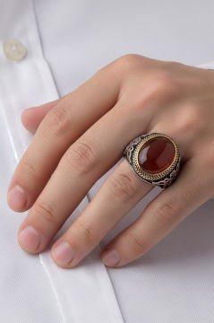 Akik Taşlı Gümüş Erkek Yüzük