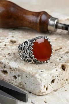 Kadim Model El İşi Akik Taşlı Gümüş Yüzük