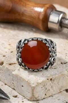 Kadim Model El İşi Akik Taşlı Gümüş Yüzük