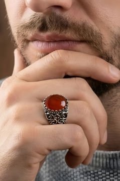 Kadim Model El İşi Akik Taşlı Gümüş Yüzük