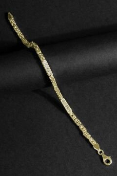 Taşlı Kare Kral Model Gümüş 4,50 mm Genişlik Bileklik 16 Cm - Altın Rengi