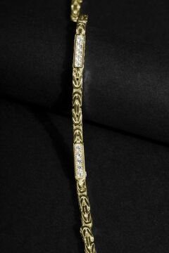 Taşlı Kare Kral Model Gümüş 4,50 mm Genişlik Bileklik 16 Cm - Altın Rengi