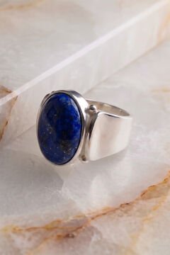 Yalın Model Lapis Lazuli Taşlı Sade Parlak Gümüş Erkek Yüzük 27 - Gümüş Rengi