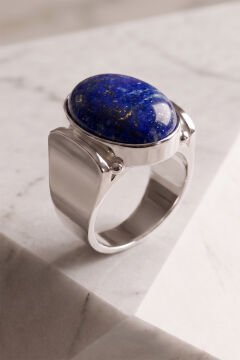 Yalın Model Lapis Lazuli Taşlı Sade Parlak Gümüş Erkek Yüzük 28 - Gümüş Rengi