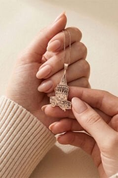 Galata Kulesi Model Gümüş Unisex Kolye Rose Rengi