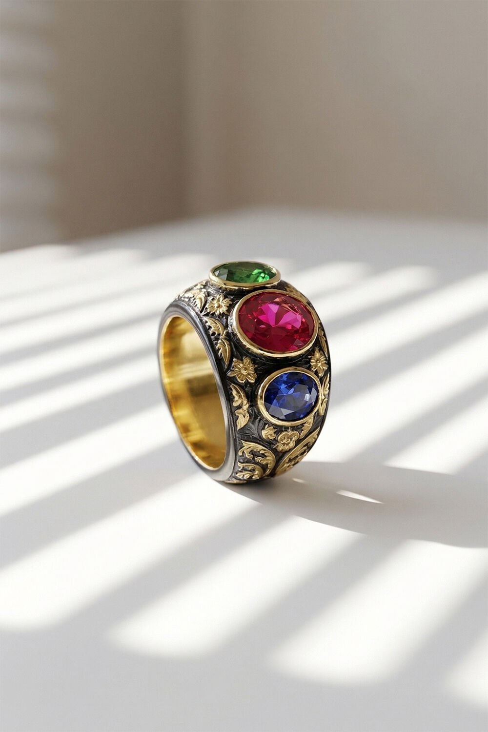 Karışık Renk Zirkon Özel Tasarım Siyah Rodaj Kaplamalı Üç Taşlı Gümüş Yüzük