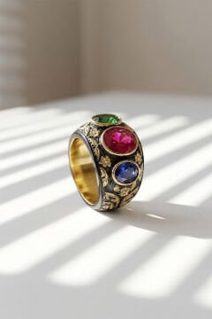 Karışık Renk Zirkon Özel Tasarım Siyah Rodaj Kaplamalı Üç Taşlı Gümüş Yüzük