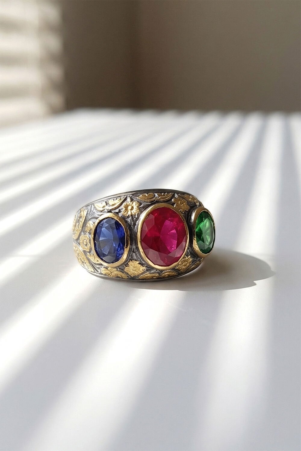 Karışık Renk Zirkon Özel Tasarım Siyah Rodaj Kaplamalı Üç Taşlı Gümüş Yüzük