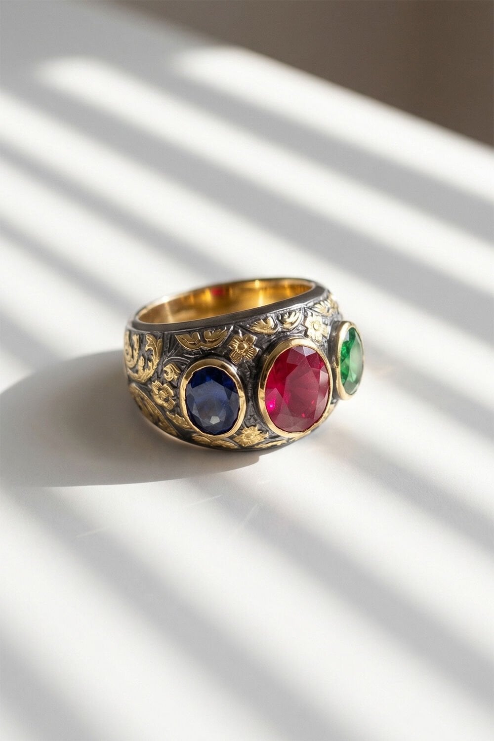 Karışık Renk Zirkon Özel Tasarım Siyah Rodaj Kaplamalı Üç Taşlı Gümüş Yüzük