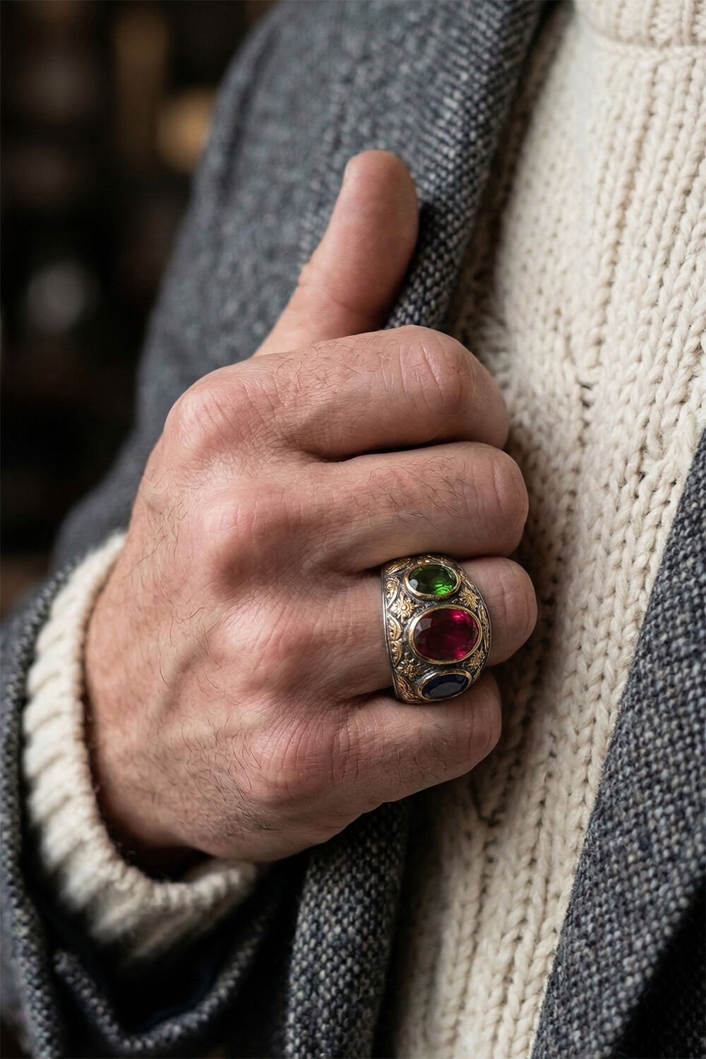 Karışık Renk Zirkon Özel Tasarım Siyah Rodaj Kaplamalı Üç Taşlı Gümüş Yüzük