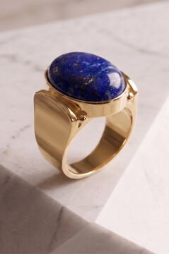 Yalın Model Lapis Lazuli Taşlı Sade Parlak Gümüş Erkek Yüzük 18 - Altın Rengi