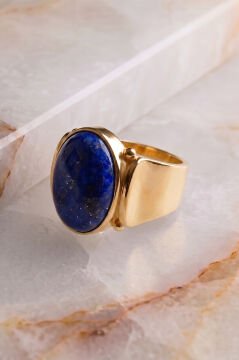 Yalın Model Lapis Lazuli Taşlı Sade Parlak Gümüş Erkek Yüzük 18 - Altın Rengi