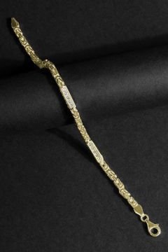 Taşlı Kare Kral Model Gümüş 4,50 mm Genişlik Bileklik 19 Cm - Altın Rengi