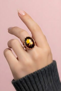 Damla Kehribar İçine Gül Oyma El İşi Gümüş Yüzük 16 - Rose Rengi
