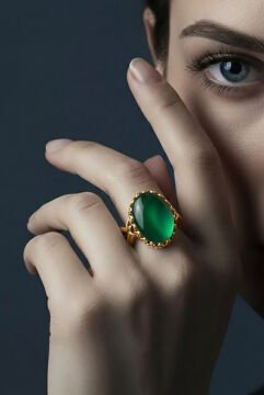 Lale Model Yeşil Akik Taşlı El İşi Gümüş Yüzük 15 - Altın Rengi