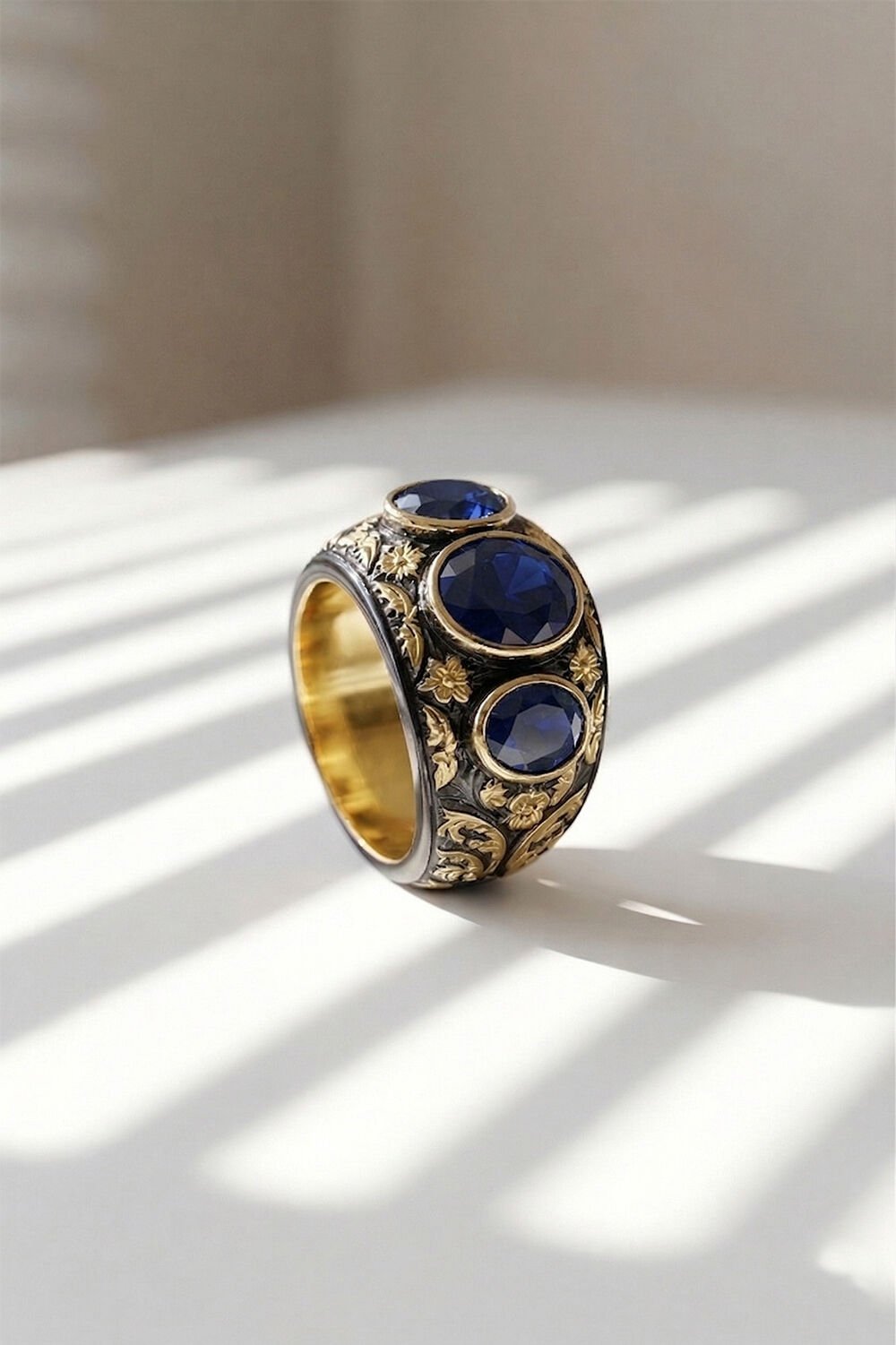 Safir Renk Zirkon Özel Tasarım Siyah Rodaj Kaplamalı Üç Taşlı Gümüş Yüzük