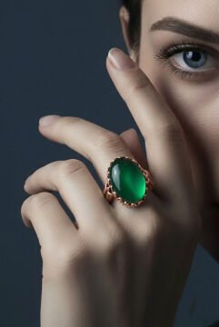 Lale Model Yeşil Akik Taşlı El İşi Gümüş Yüzük 10 - Rose Rengi