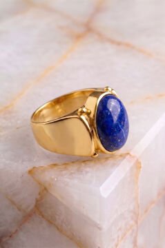 Yalın Model Lapis Lazuli Taşlı Sade Parlak Gümüş Erkek Yüzük 28 - Altın Rengi