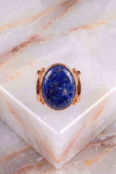Yalın Model Lapis Lazuli Taşlı Sade Parlak Gümüş Erkek Yüzük 16 - Rose Rengi