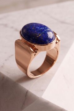 Yalın Model Lapis Lazuli Taşlı Sade Parlak Gümüş Erkek Yüzük 19 - Rose Rengi