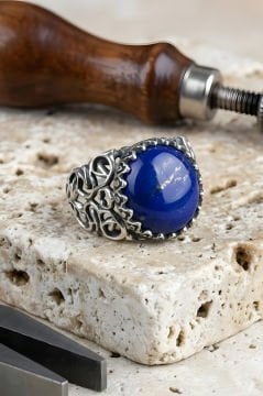 Kadim Model El İşi Lapis Lazuli Taşlı Gümüş Yüzük
