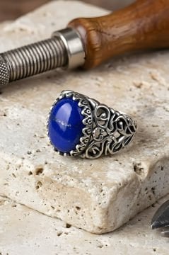 Kadim Model El İşi Lapis Lazuli Taşlı Gümüş Yüzük
