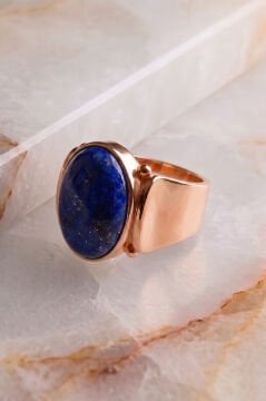 Yalın Model Lapis Lazuli Taşlı Sade Parlak Gümüş Erkek Yüzük 22 - Rose Rengi