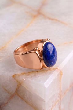 Yalın Model Lapis Lazuli Taşlı Sade Parlak Gümüş Erkek Yüzük 22 - Rose Rengi