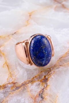 Yalın Model Lapis Lazuli Taşlı Sade Parlak Gümüş Erkek Yüzük 23 - Rose Rengi