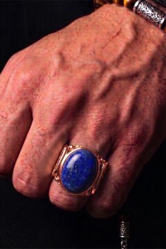 Yalın Model Lapis Lazuli Taşlı Sade Parlak Gümüş Erkek Yüzük 23 - Rose Rengi