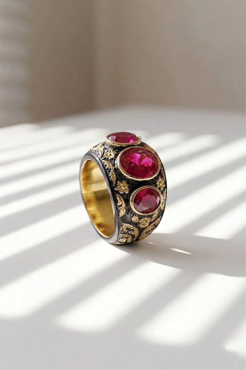 Yakut Renk Zirkon Özel Tasarım Siyah Rodaj Kaplamalı Üç Taşlı Gümüş Yüzük