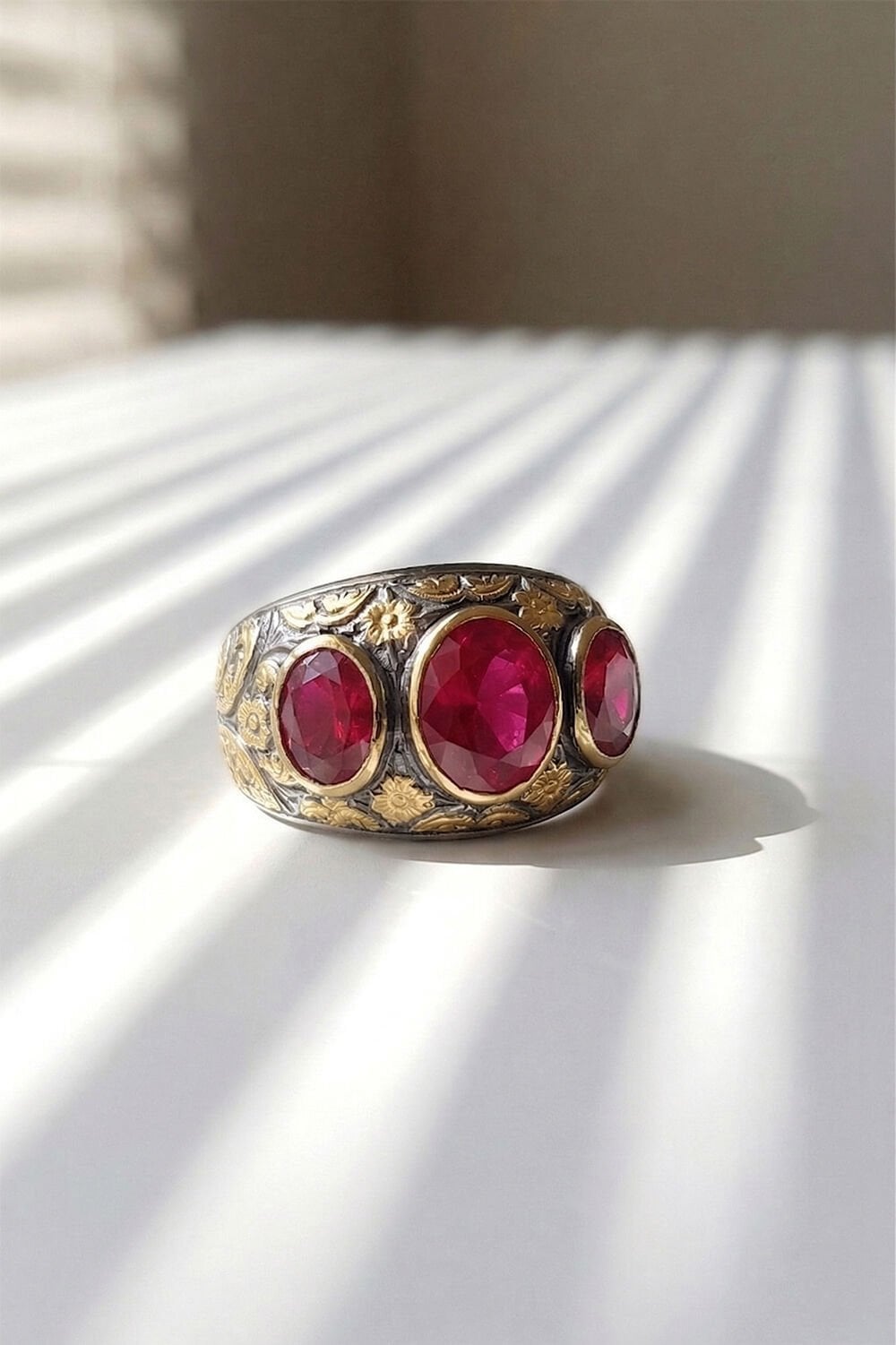 Yakut Renk Zirkon Özel Tasarım Siyah Rodaj Kaplamalı Üç Taşlı Gümüş Yüzük