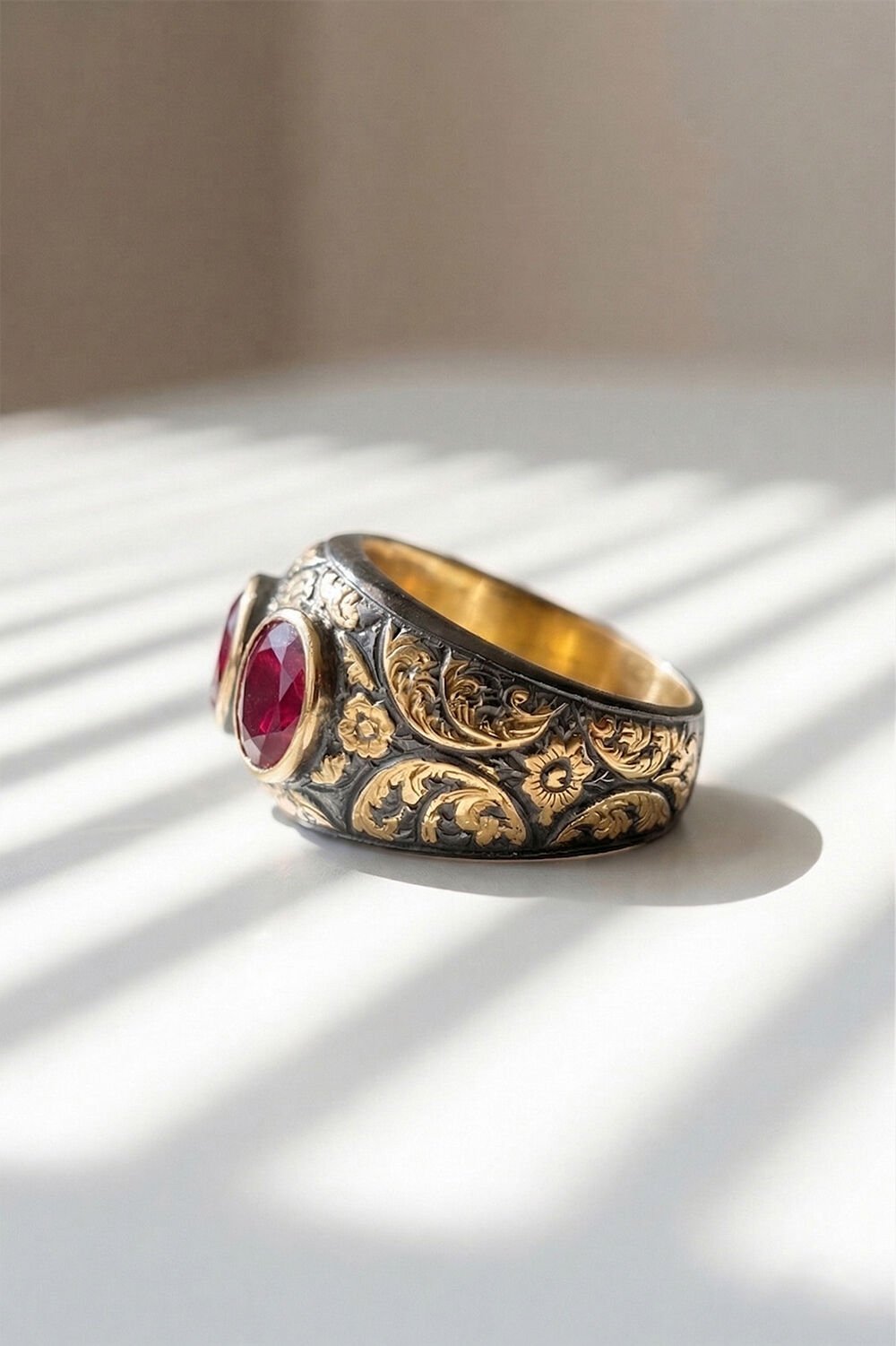 Yakut Renk Zirkon Özel Tasarım Siyah Rodaj Kaplamalı Üç Taşlı Gümüş Yüzük