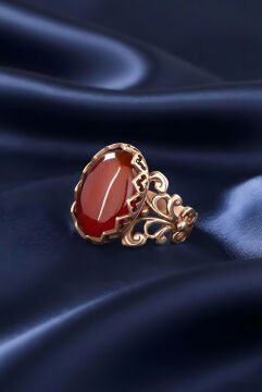 Rumi Model Akik Taşlı El İşi Gümüş Yüzük 24 - Rose Rengi
