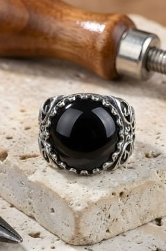 Kadim Model El İşi Oniks Taşlı Gümüş Yüzük