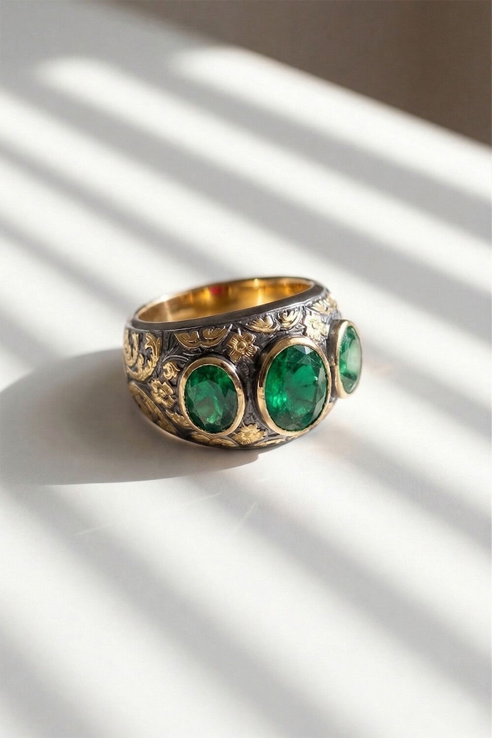 Zümrüt Renk Zirkon Özel Tasarım Siyah Rodaj Kaplamalı Üç Taşlı Gümüş Yüzük