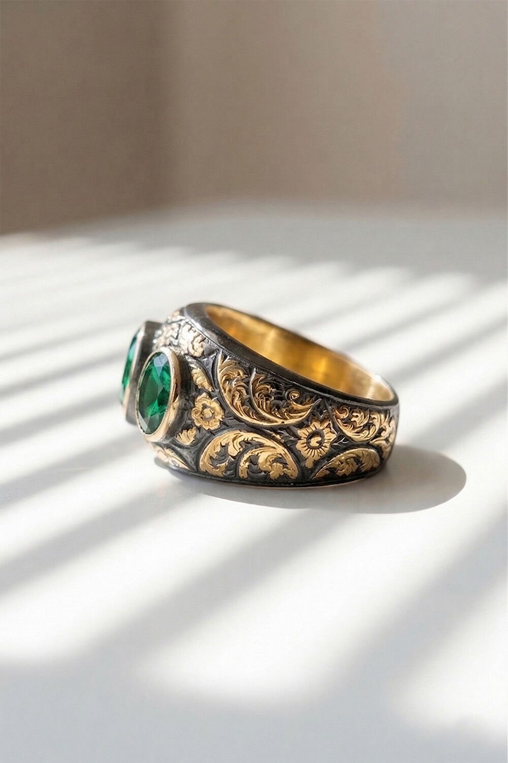 Zümrüt Renk Zirkon Özel Tasarım Siyah Rodaj Kaplamalı Üç Taşlı Gümüş Yüzük
