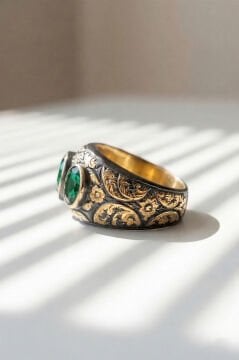 Zümrüt Renk Zirkon Özel Tasarım Siyah Rodaj Kaplamalı Üç Taşlı Gümüş Yüzük