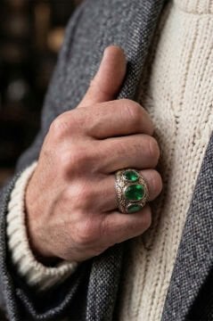 Zümrüt Renk Zirkon Özel Tasarım Siyah Rodaj Kaplamalı Üç Taşlı Gümüş Yüzük