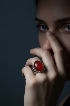 Rumi Model Akik Taşlı El İşi Gümüş Yüzük 21 - Gümüş Rengi