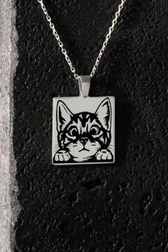 Sevimli Kedi Model Siyah Mineli Gümüş Kolye Gümüş Rengi