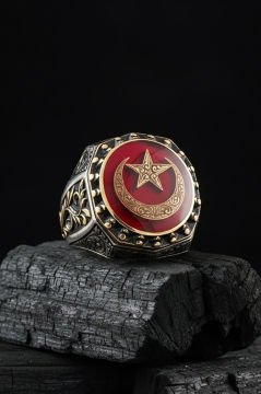 Ay Yıldız Mineli Gravür Sarmaşık Model Yüzük