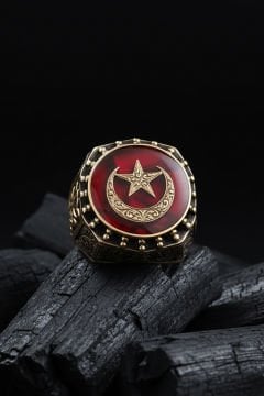 Ay Yıldız Mineli Gravür Sarmaşık Model Yüzük