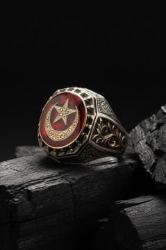 Ay Yıldız Mineli Gravür Sarmaşık Model Yüzük