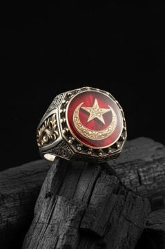 Ay Yıldız Mineli Gravür Sarmaşık Model Yüzük