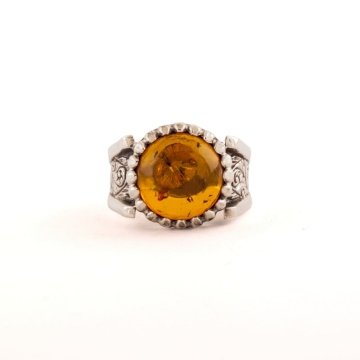 Damla Kehribar Taşlı El İşi Gümüş Yüzük