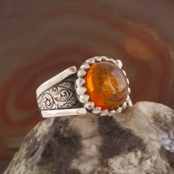 Damla Kehribar Taşlı El İşi Gümüş Yüzük